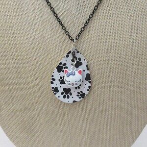 Handmade White Enamel Cat Earrings Paw Print Leather Pendant Necklace